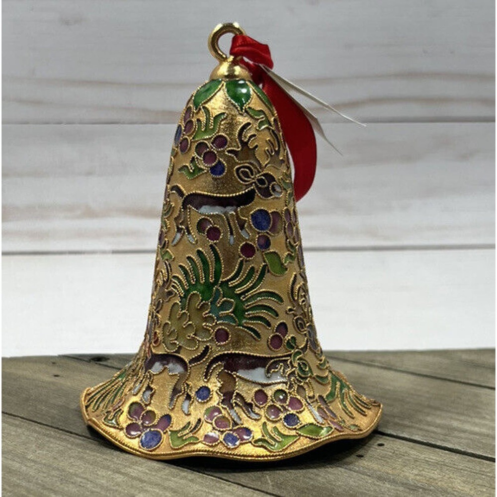 NWT Cloisonné Enameled Ornament Gold Bell Floral Reindeer NYCO Yassaman Xmas